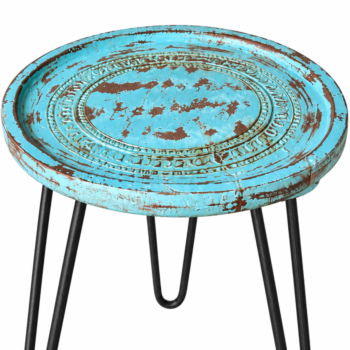 Vintage Distressed Blue Round Side Table with Metal Hairpin Legs