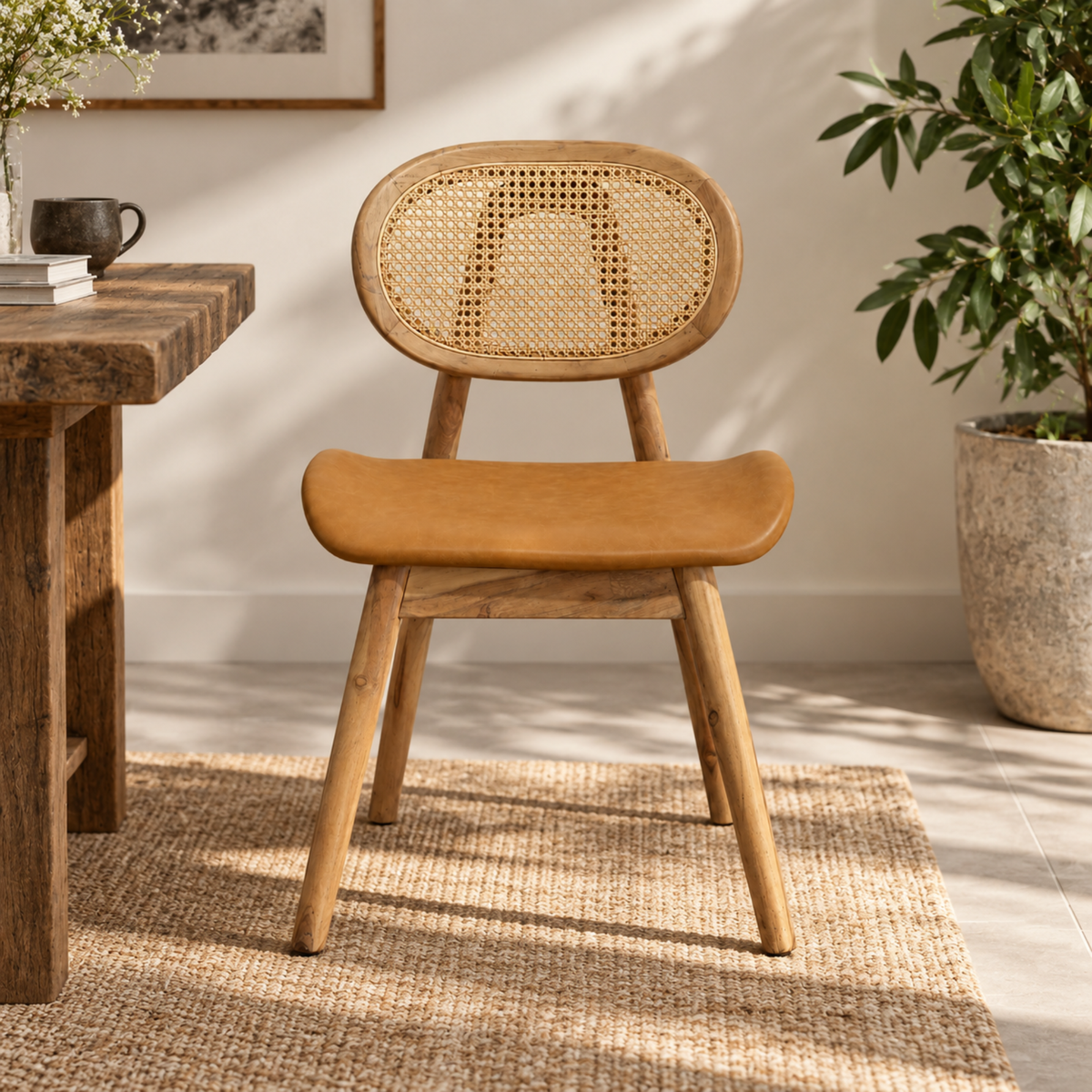 Woven Rattan Backrest Faux Leather Dining Chair