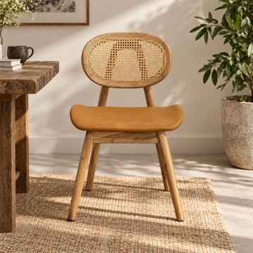 Woven Rattan Backrest Faux Leather Dining Chair