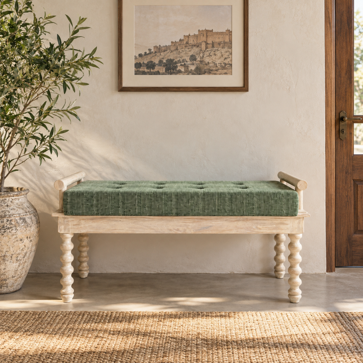 Carved Spiral Leg Teal Upholstered Bench