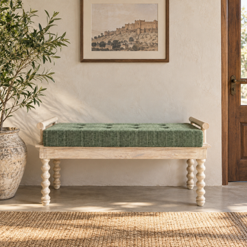 Carved Spiral Leg Teal Upholstered Bench