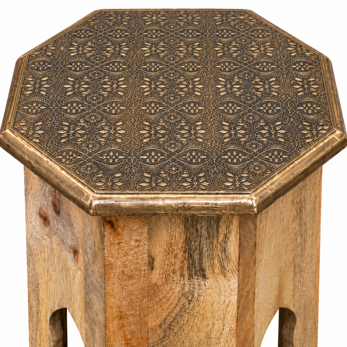 Rustic Carved Wooden Accent Stool with Ornate Metal Top