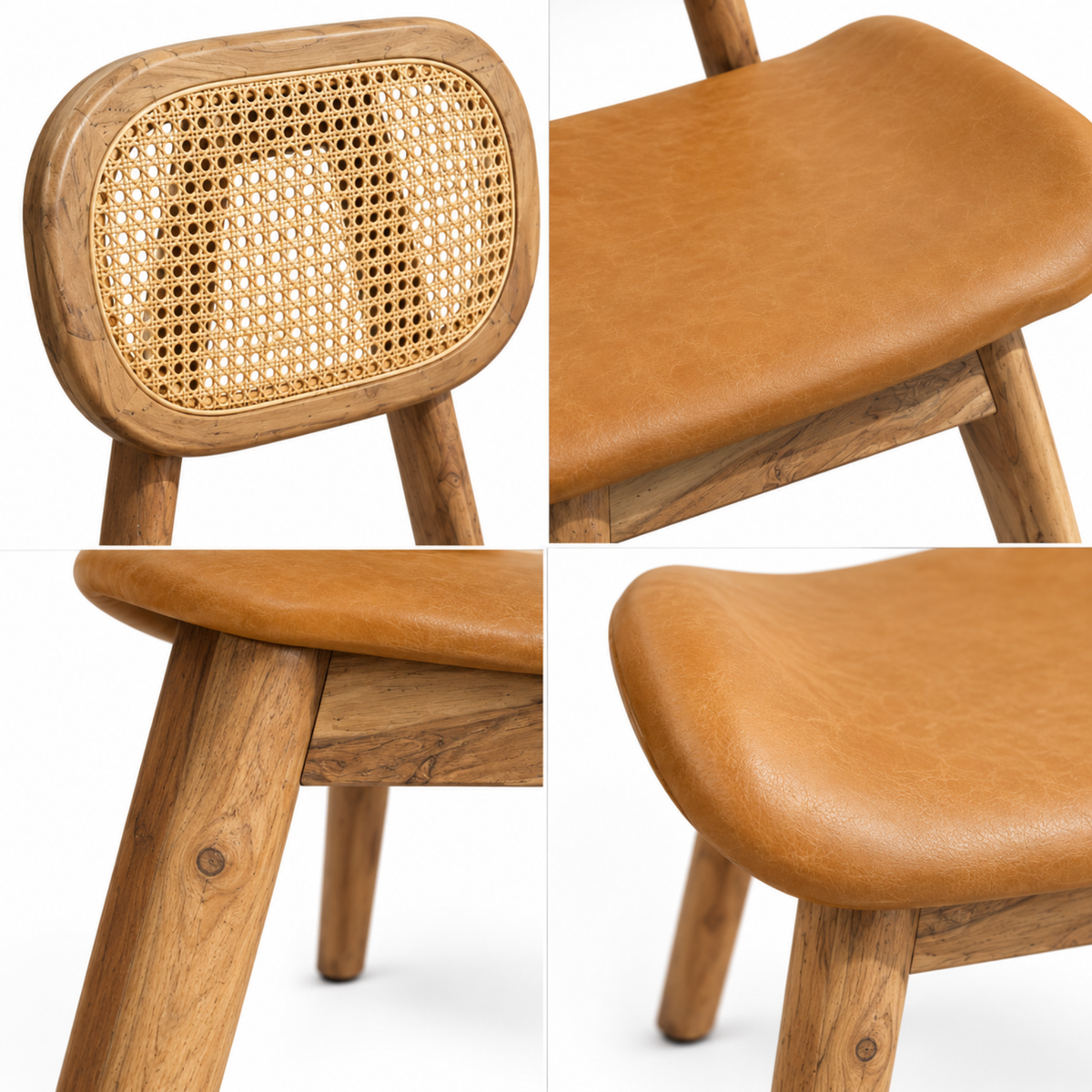 Woven Rattan Backrest Faux Leather Dining Chair