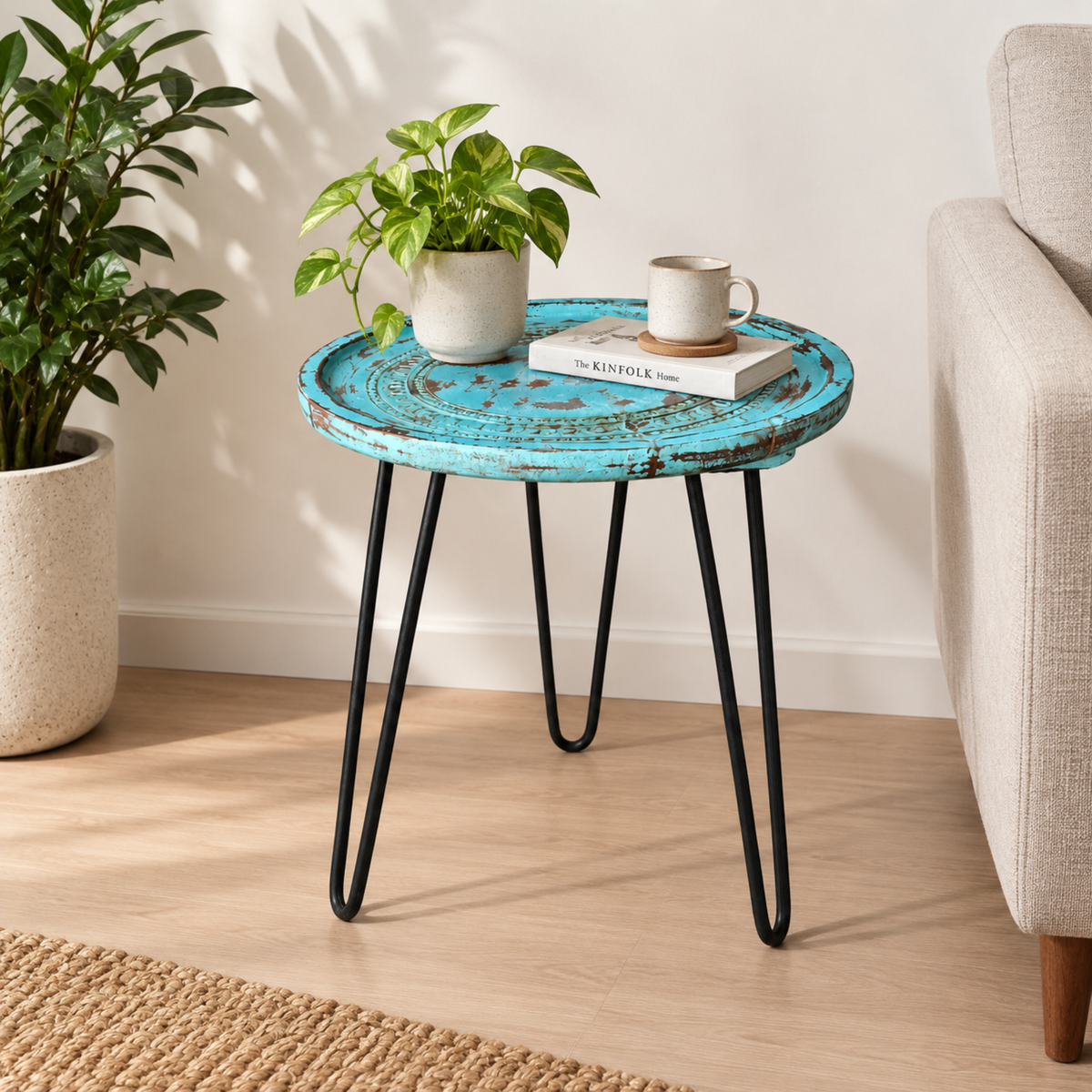 Vintage Distressed Blue Round Side Table with Metal Hairpin Legs