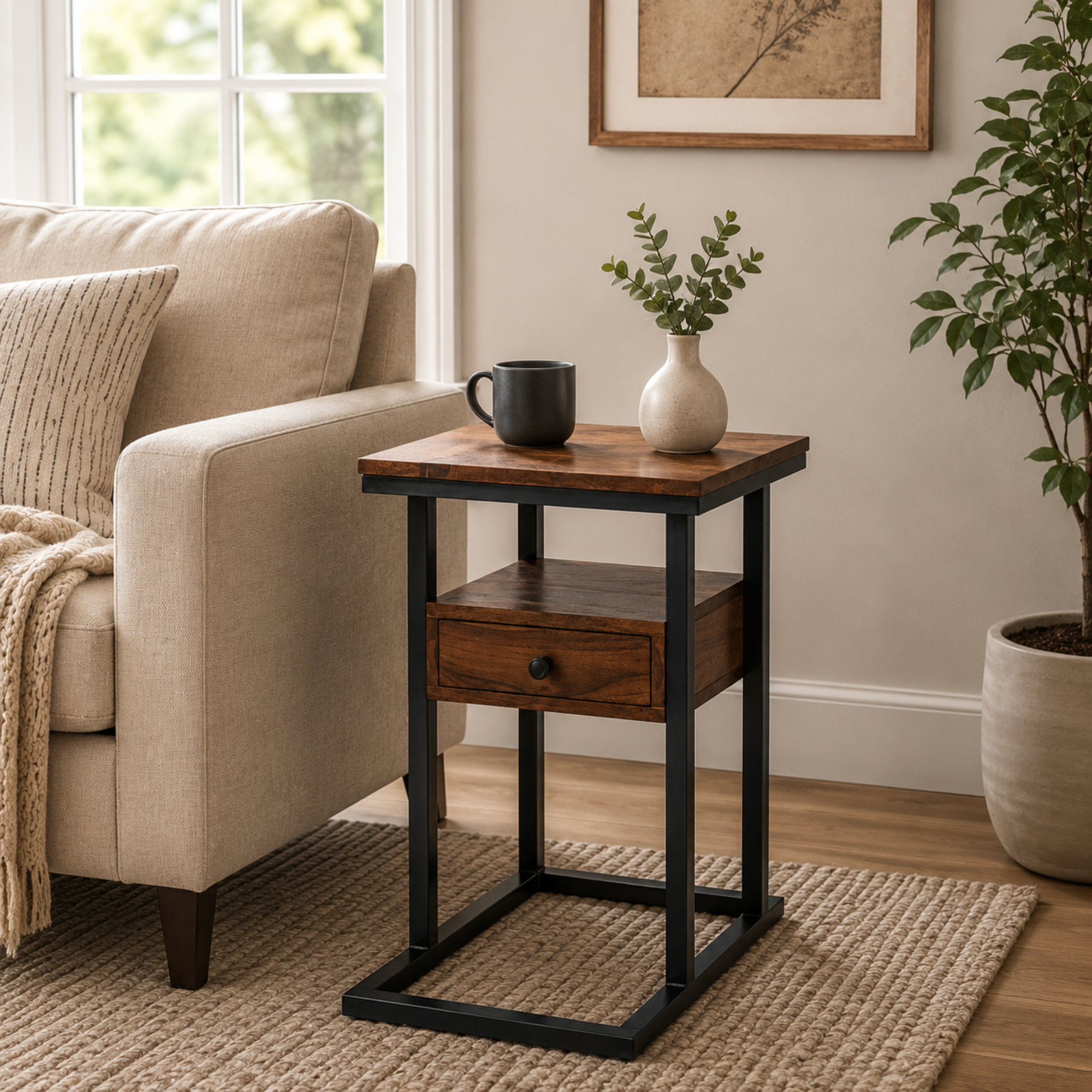 Industrial Wooden Side Table with Metal Frame