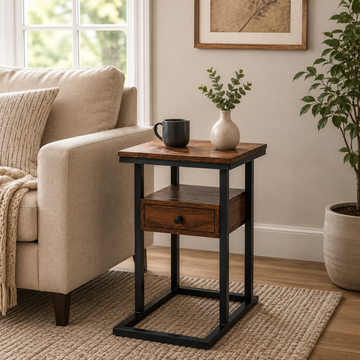 Industrial Wooden Side Table with Metal Frame