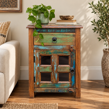 Rustic Multicolor Wooden Bedside Cabinet with Glass Door