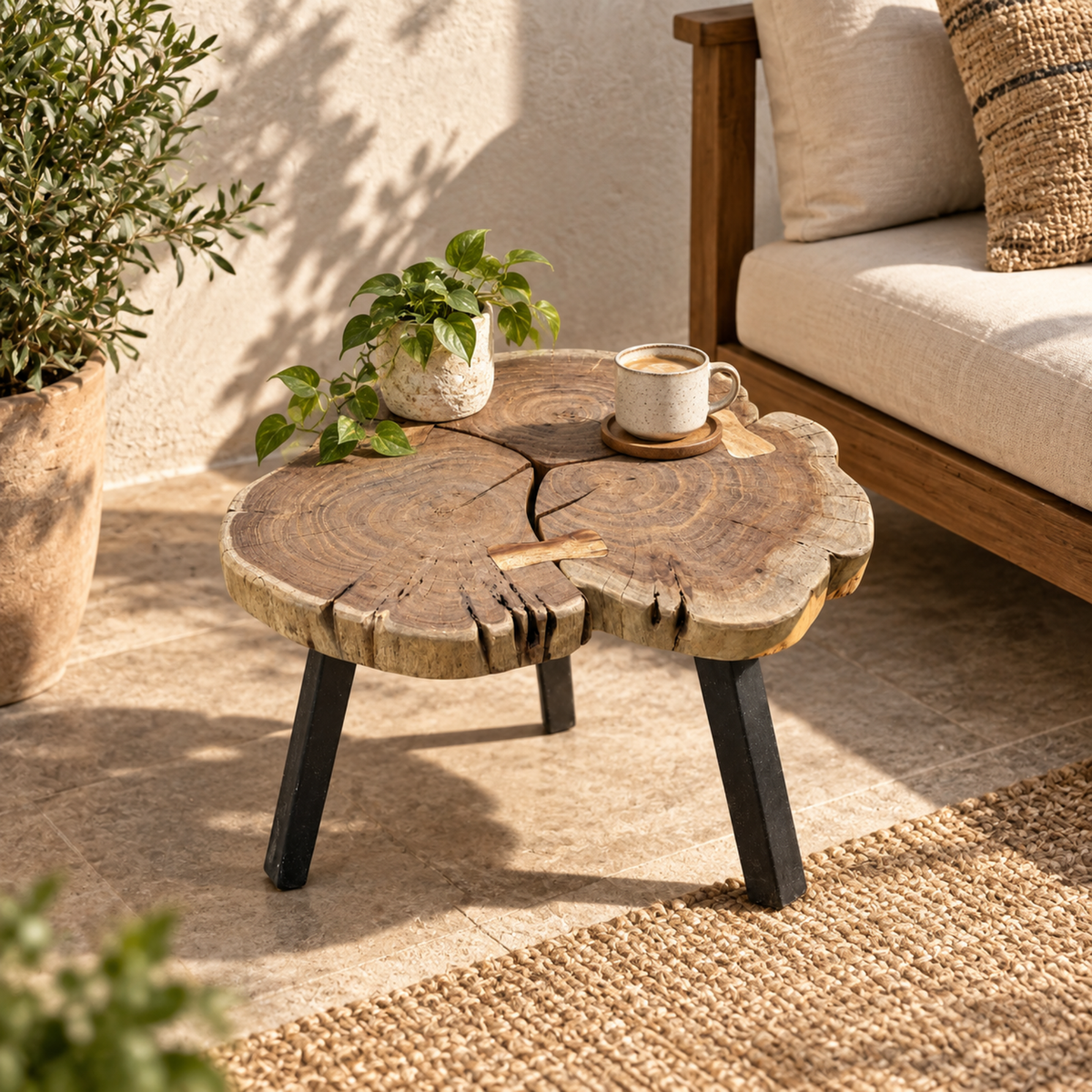 Rustic Natural Wood Slice Coffee Table with Black Metal Legs