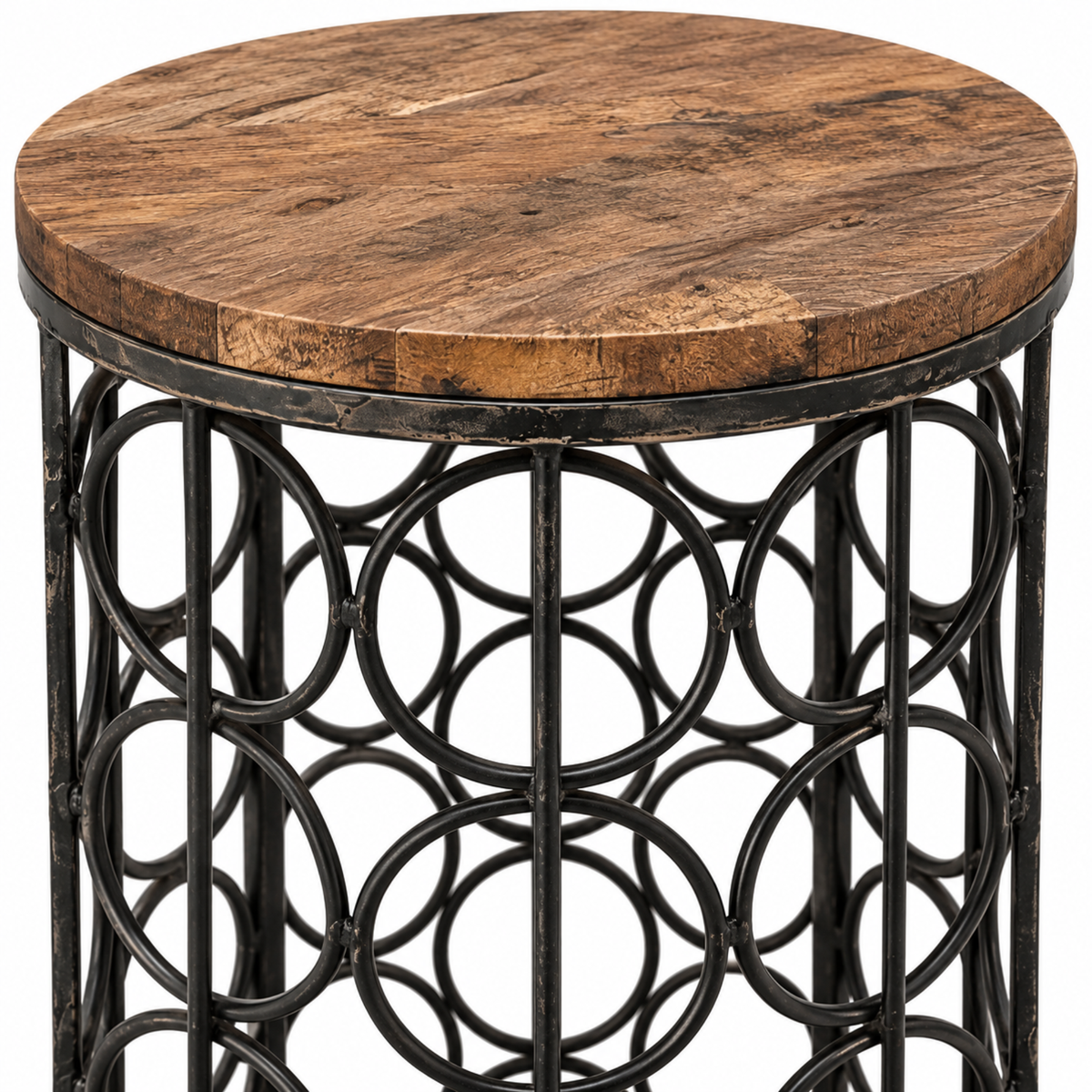 Industrial Round Wood Top Accent Table with Metal Ring Frame