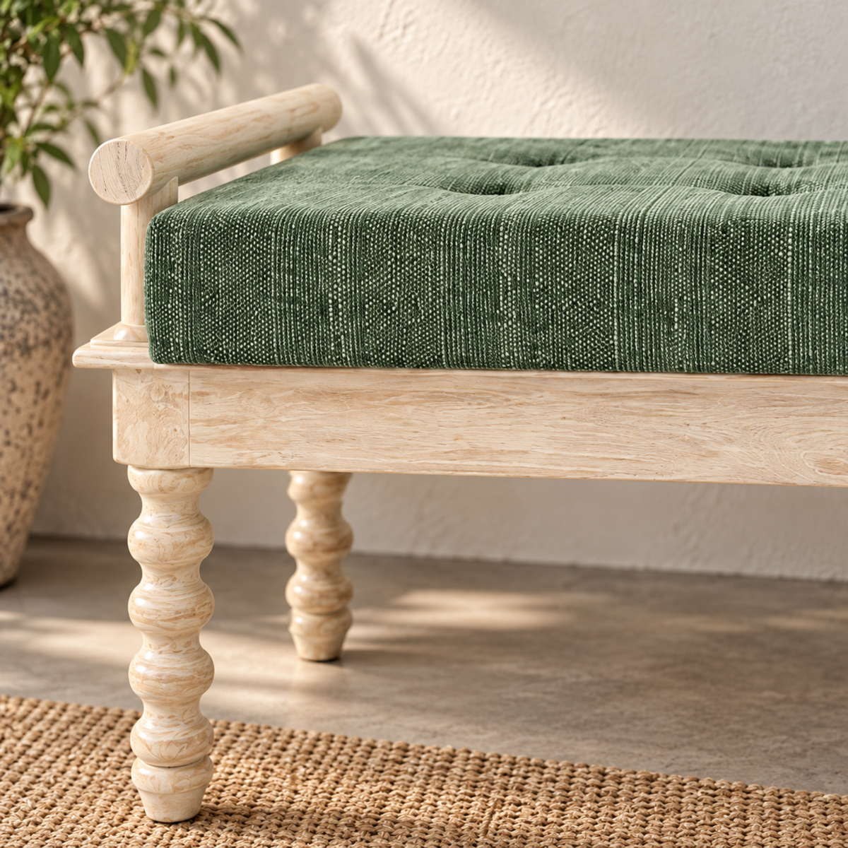 Carved Spiral Leg Teal Upholstered Bench