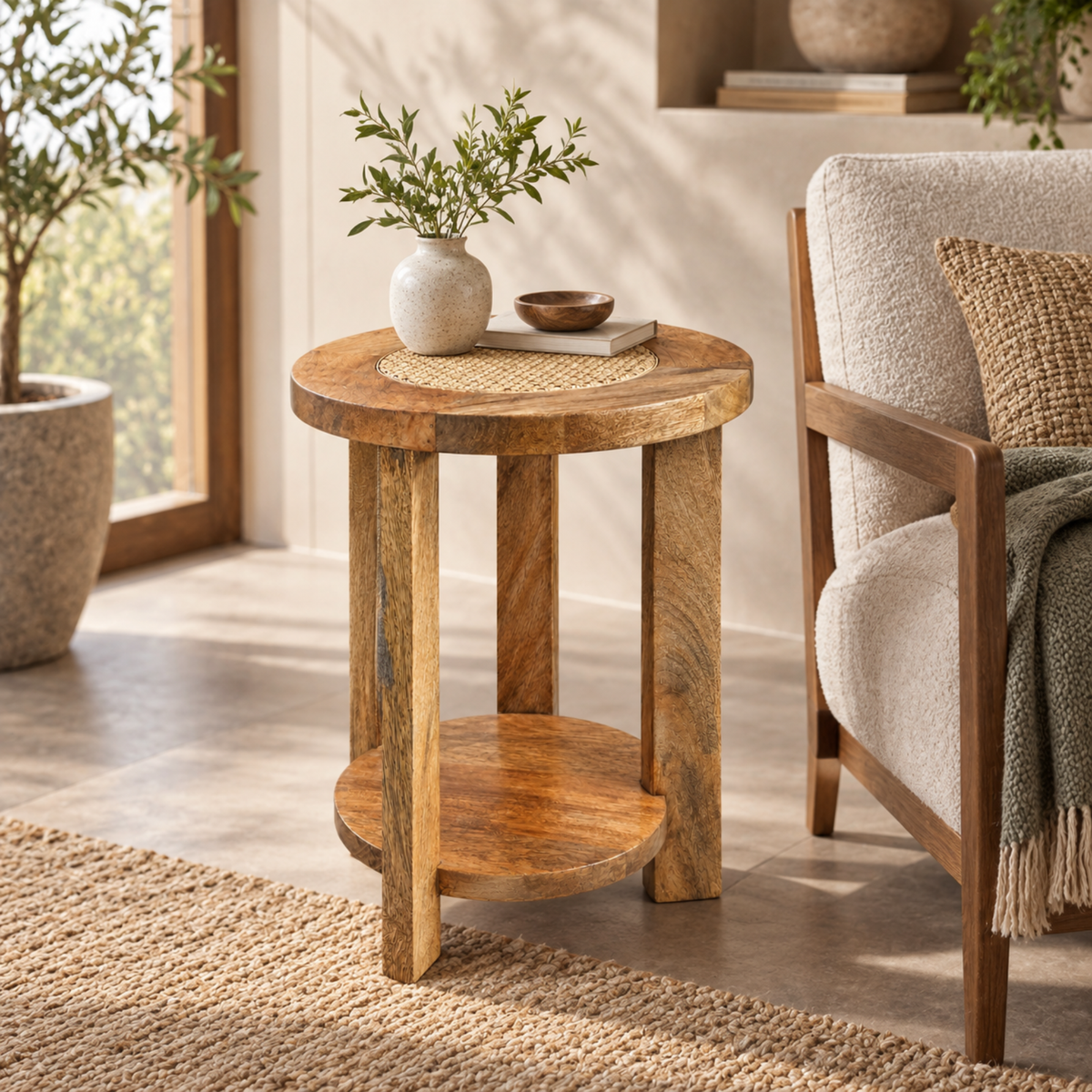 Rustic Round Wooden Side Table with Woven Inlay Top & Lower Shelf