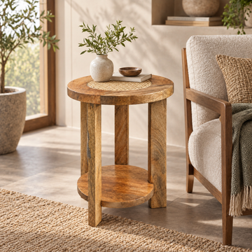 Rustic Round Wooden Side Table with Woven Inlay Top & Lower Shelf