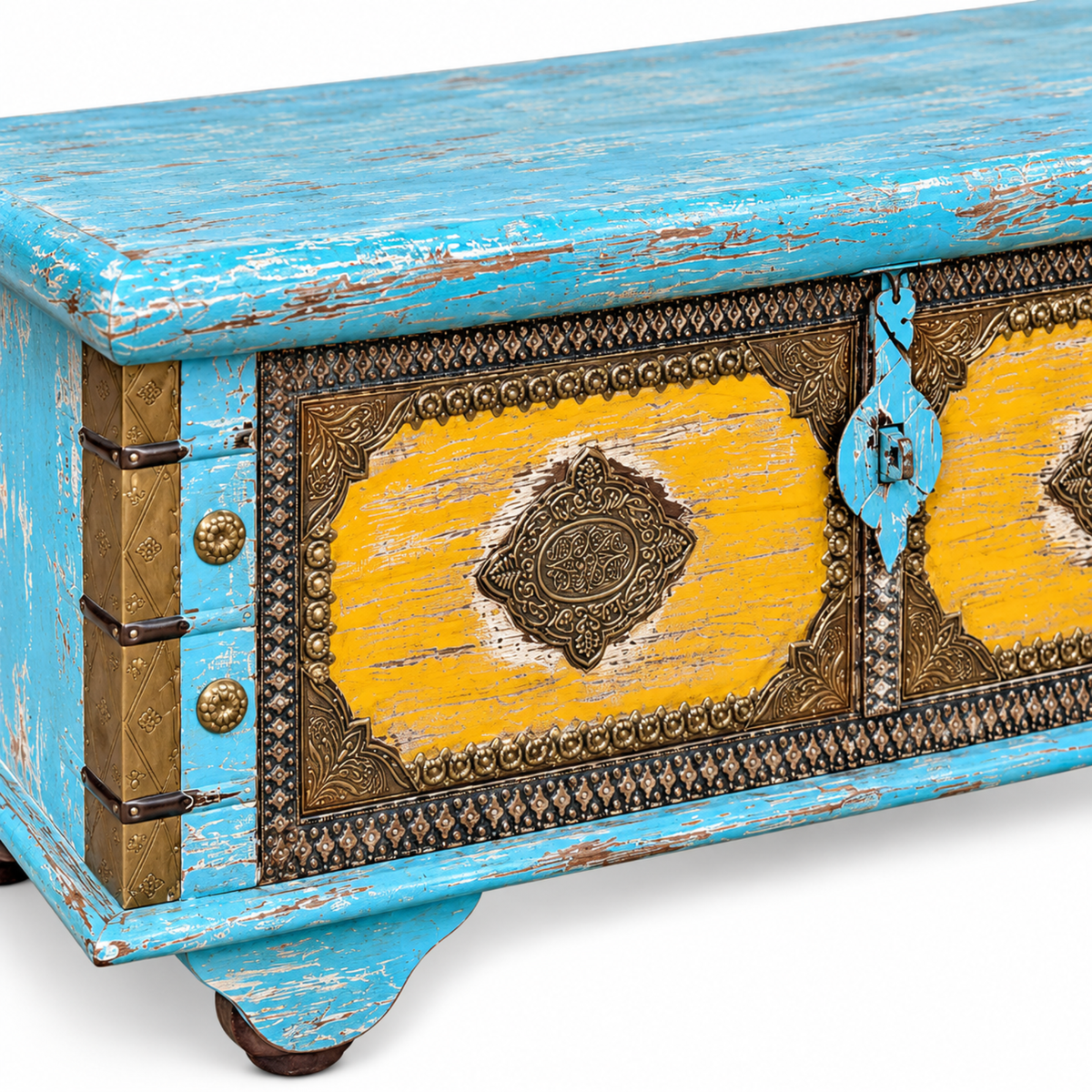 Heritage Blue & Yellow Brass Detail Wooden Trunk