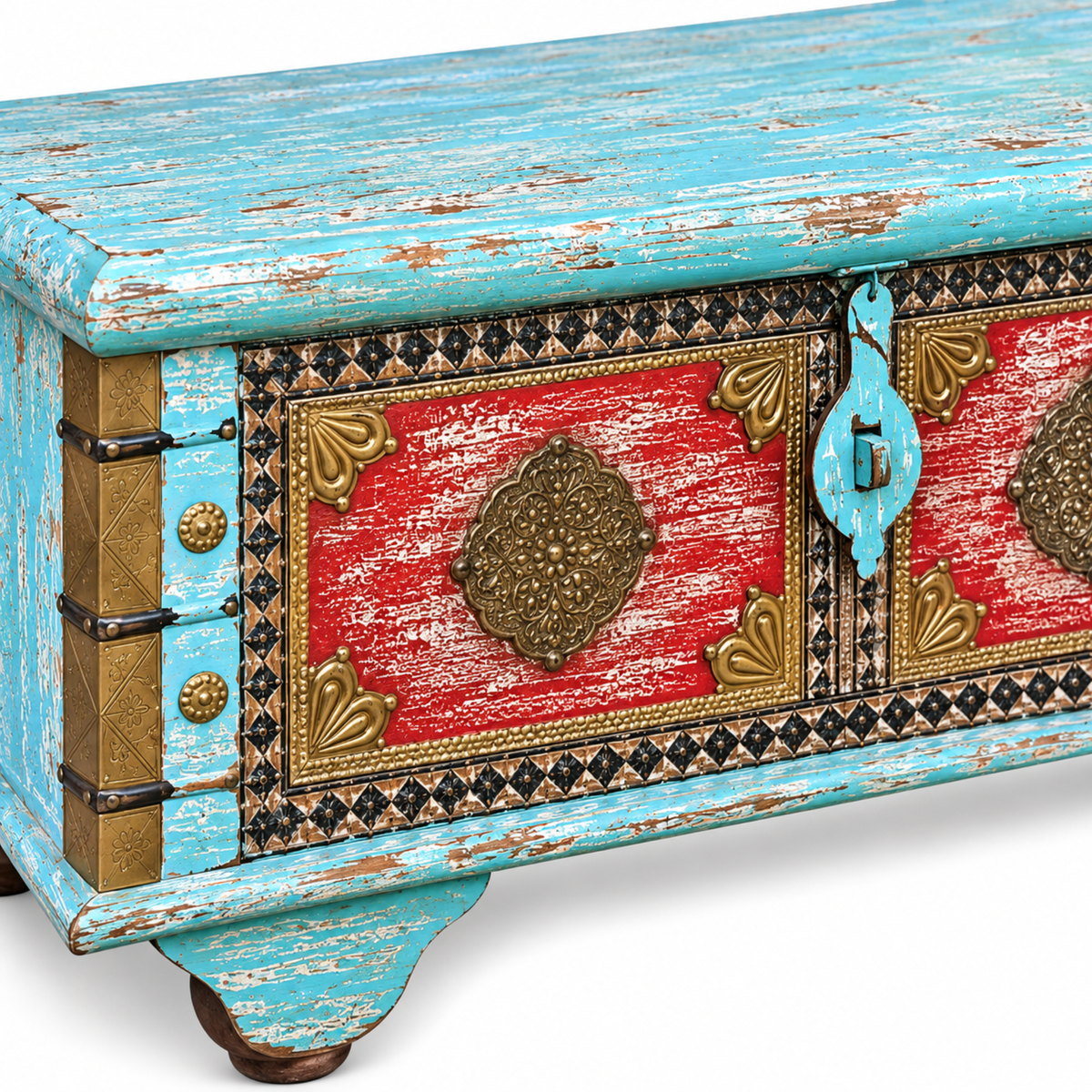 Majestic Turquoise Red Brass Detail Wooden Trunk