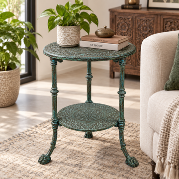 Vintage Green Metal Round Side Table with Ornate Carved Shelves