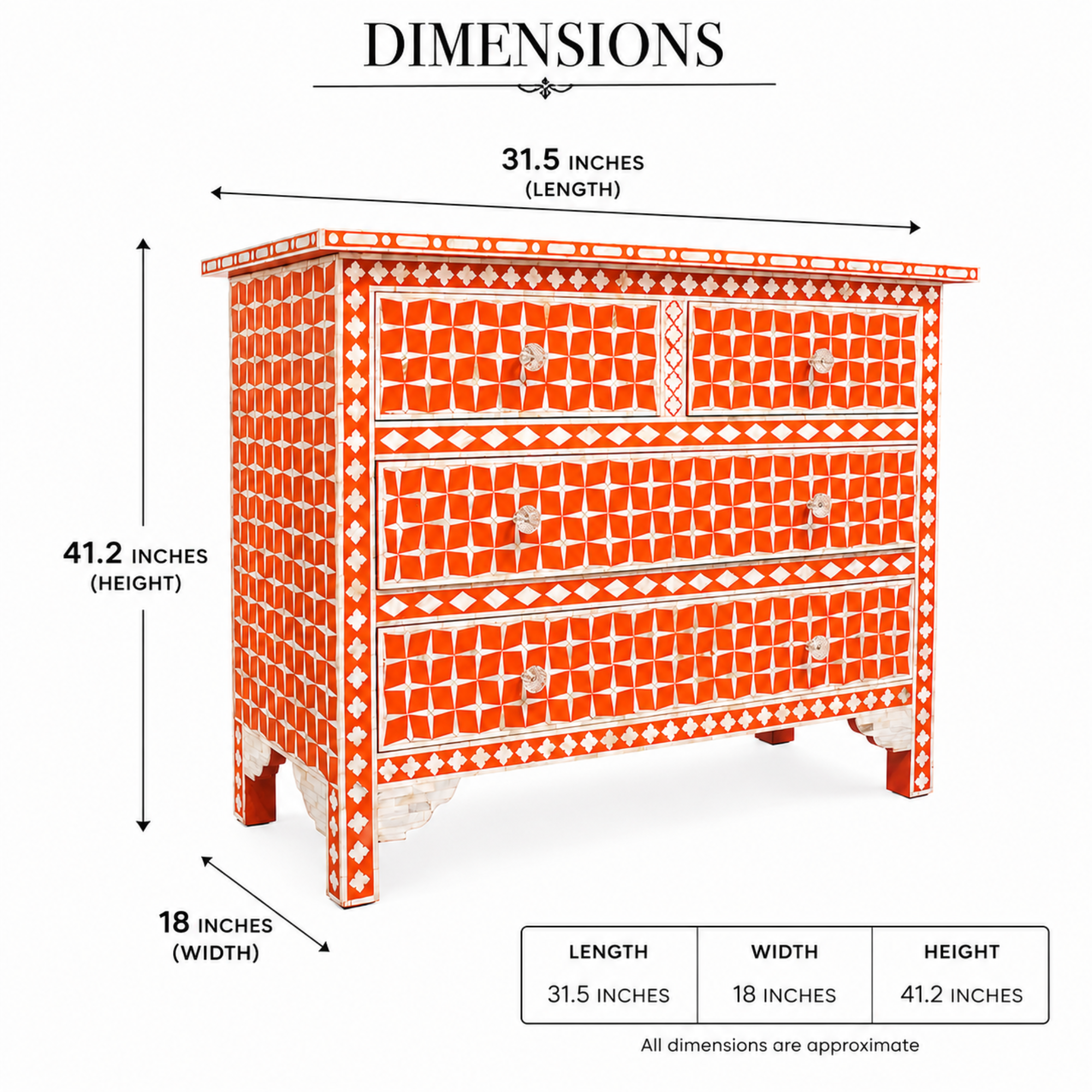 Handcrafted Orange Bone Inlay Chest of Drawers