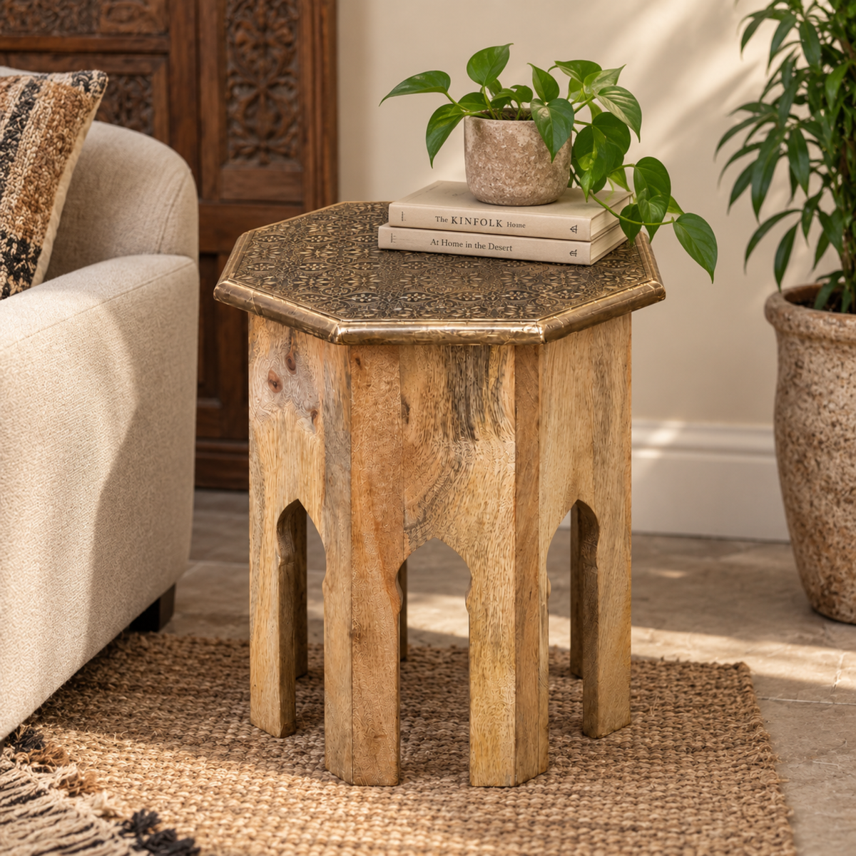Rustic Carved Wooden Accent Stool with Ornate Metal Top