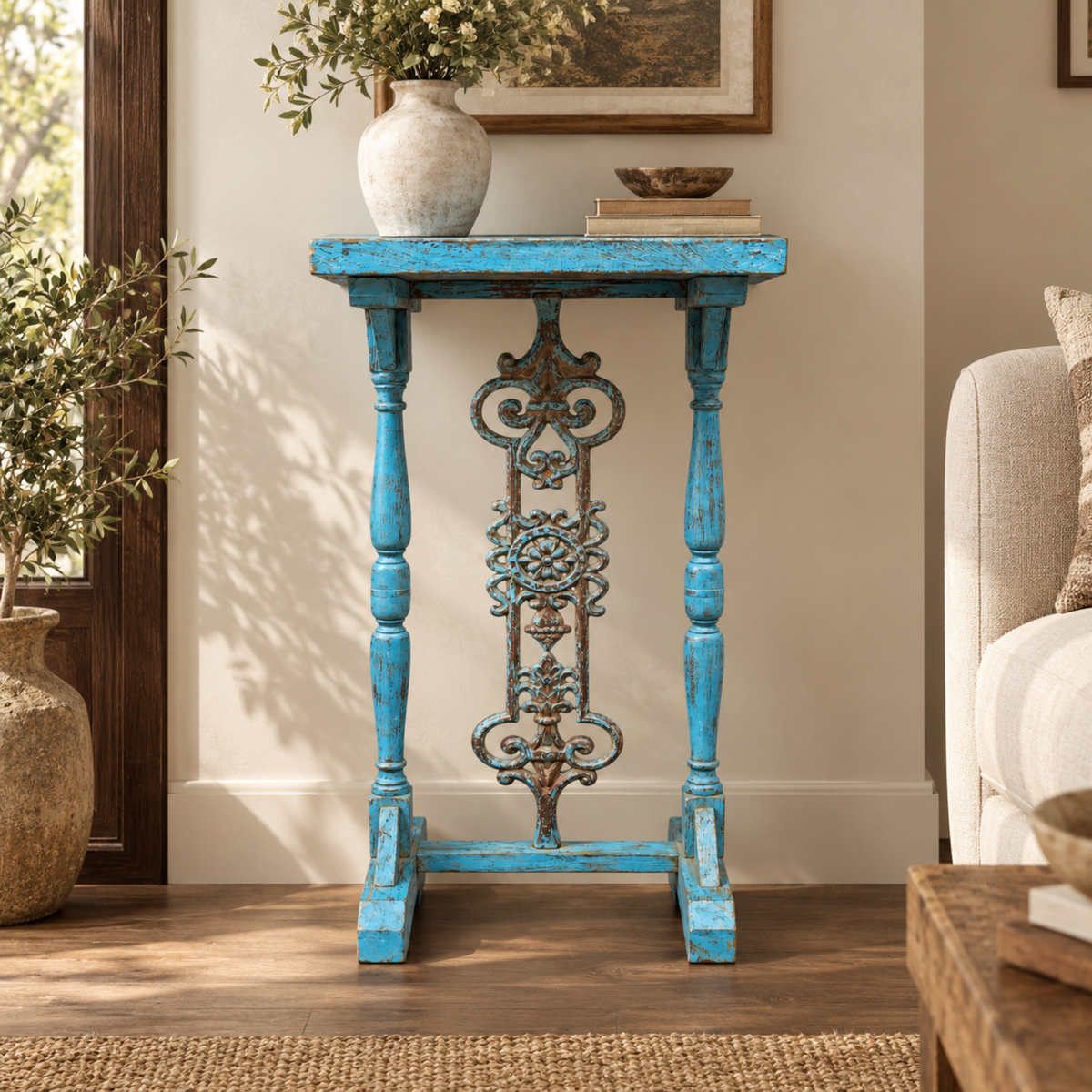Vintage Blue Carved Console Table with Ornate Metal Accent