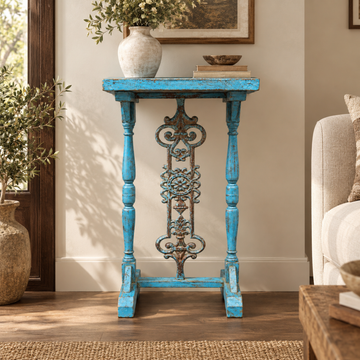 Vintage Blue Carved Console Table with Ornate Metal Accent