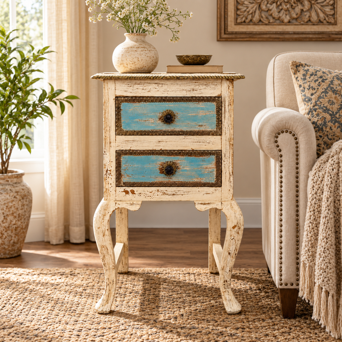 Vintage Distressed Wooden Bedside Cabinet with Blue Drawer PanelsVintage Distressed Wooden Bedside Cabinet with Blue Drawer Panels