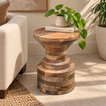 Rustic Solid Wood Round Accent Stool with Sculptural Base
