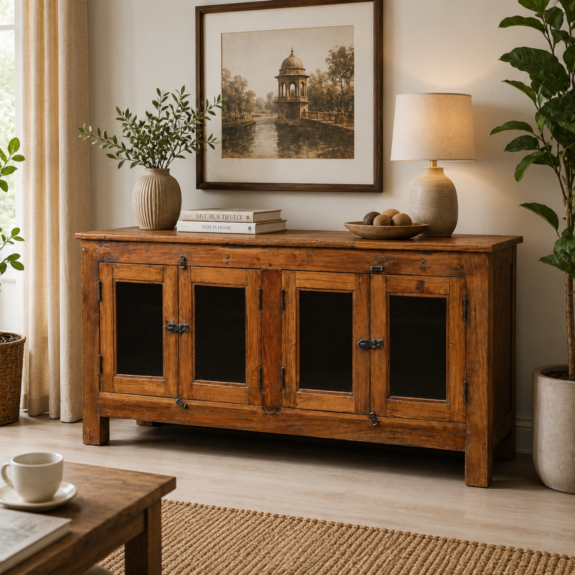 Rustic Solid Wood 4 Door Sideboard Cabinet