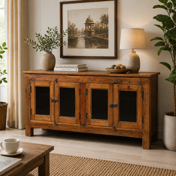 Rustic Solid Wood 4 Door Sideboard Cabinet
