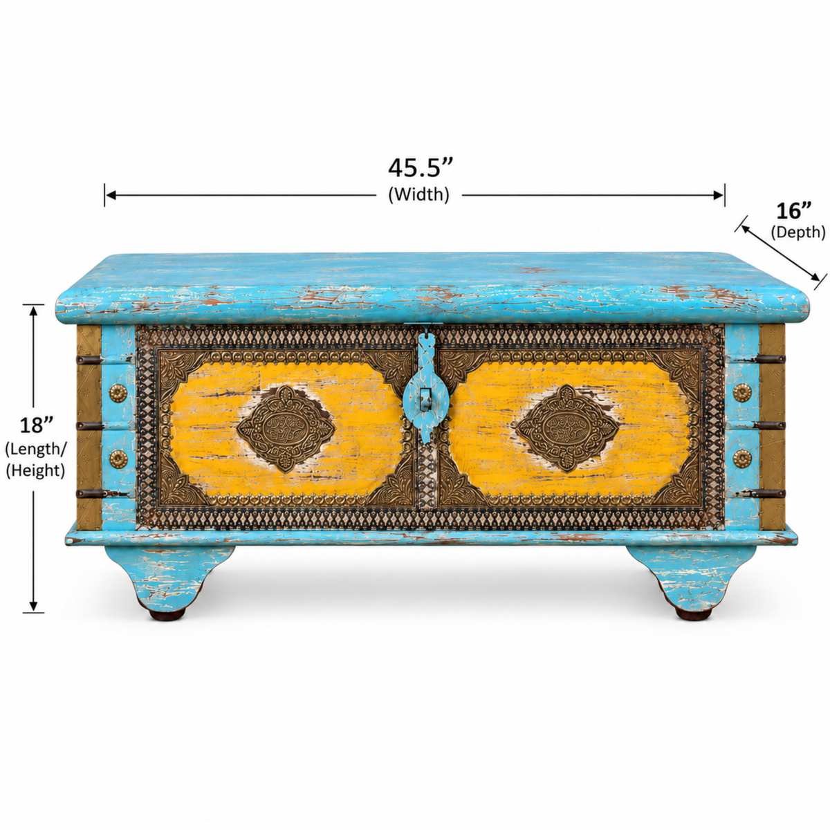 Heritage Blue & Yellow Brass Detail Wooden Trunk