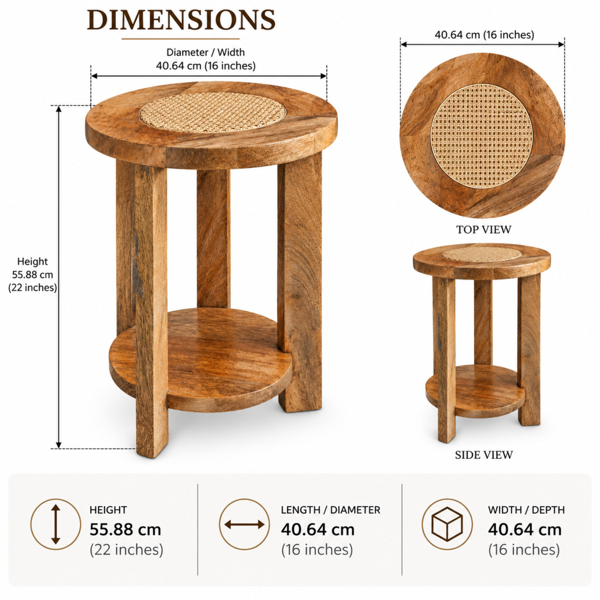 Rustic Round Wooden Side Table with Woven Inlay Top & Lower Shelf