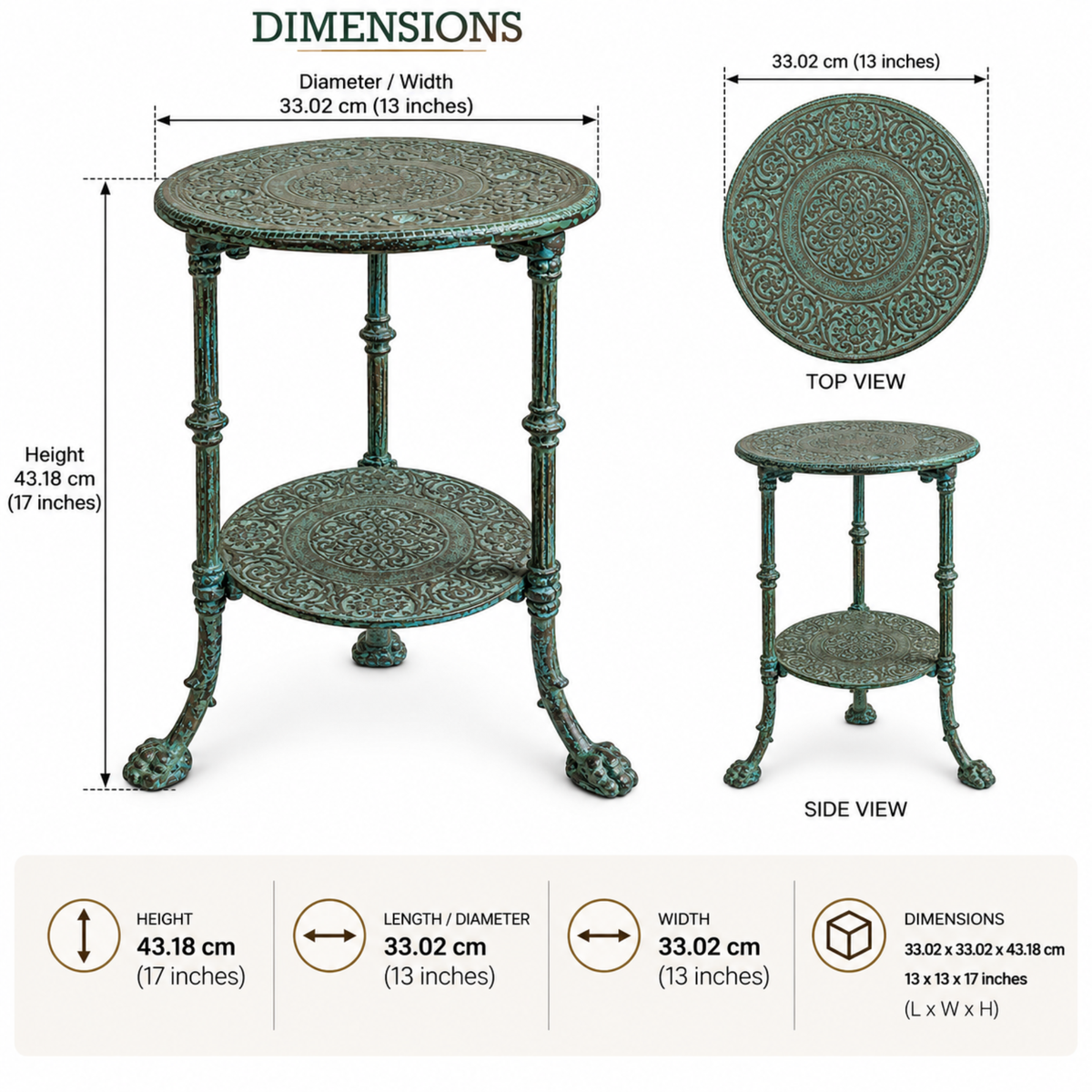 Vintage Green Metal Round Side Table with Ornate Carved Shelves