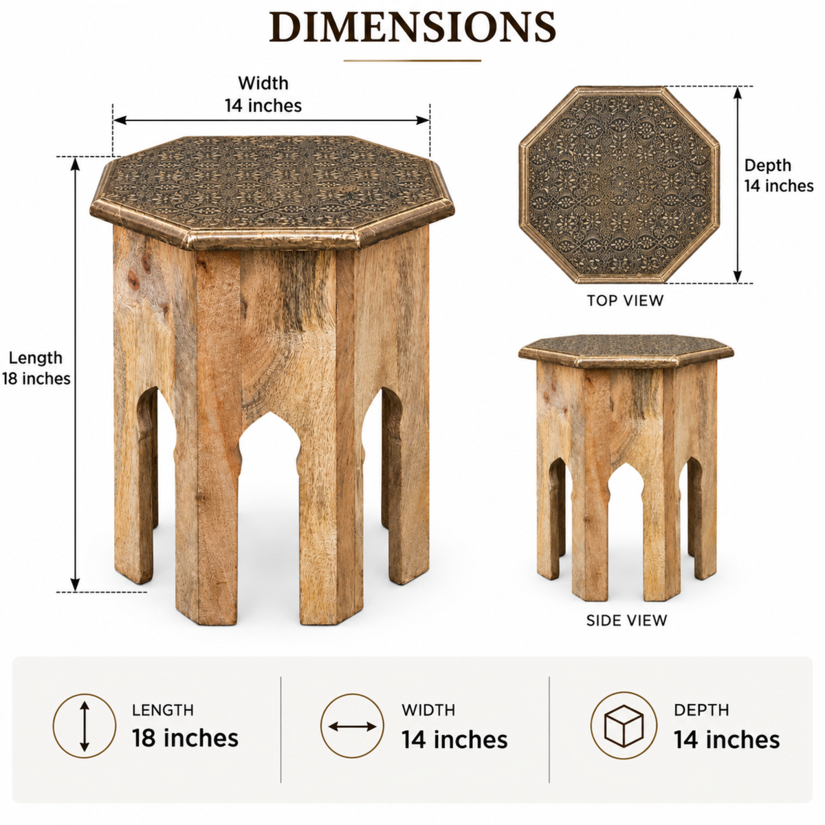 Rustic Carved Wooden Accent Stool with Ornate Metal Top
