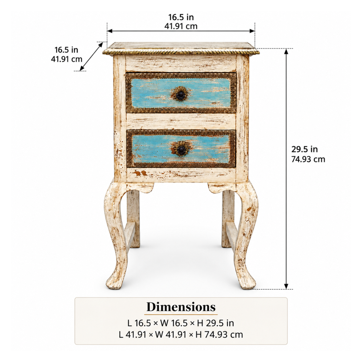 Vintage Distressed Wooden Bedside Cabinet with Blue Drawer PanelsVintage Distressed Wooden Bedside Cabinet with Blue Drawer Panels