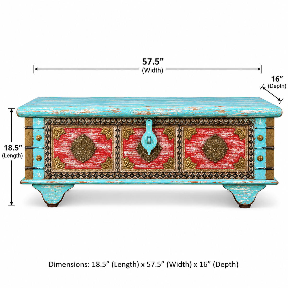 Majestic Turquoise Red Brass Detail Wooden Trunk