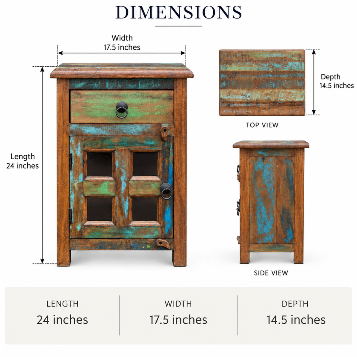 Rustic Multicolor Wooden Bedside Cabinet with Glass Door