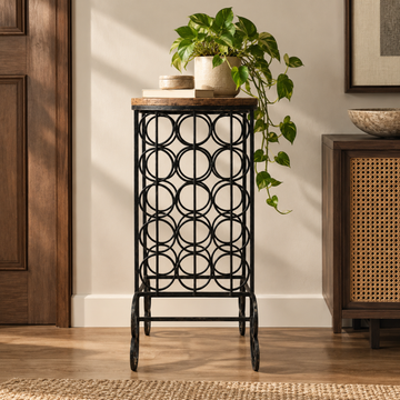 Industrial Round Wood Top Accent Table with Metal Ring Frame