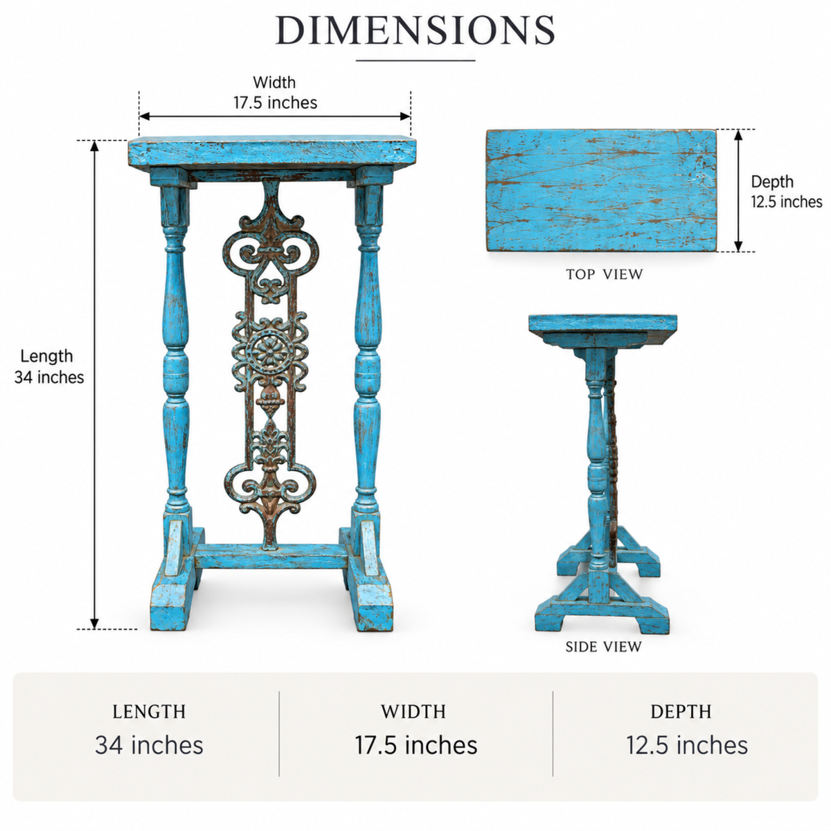 Vintage Blue Carved Console Table with Ornate Metal Accent