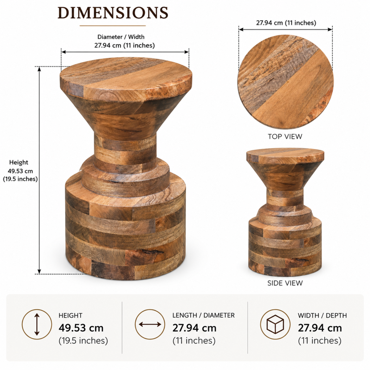 Rustic Solid Wood Round Accent Stool with Sculptural Base