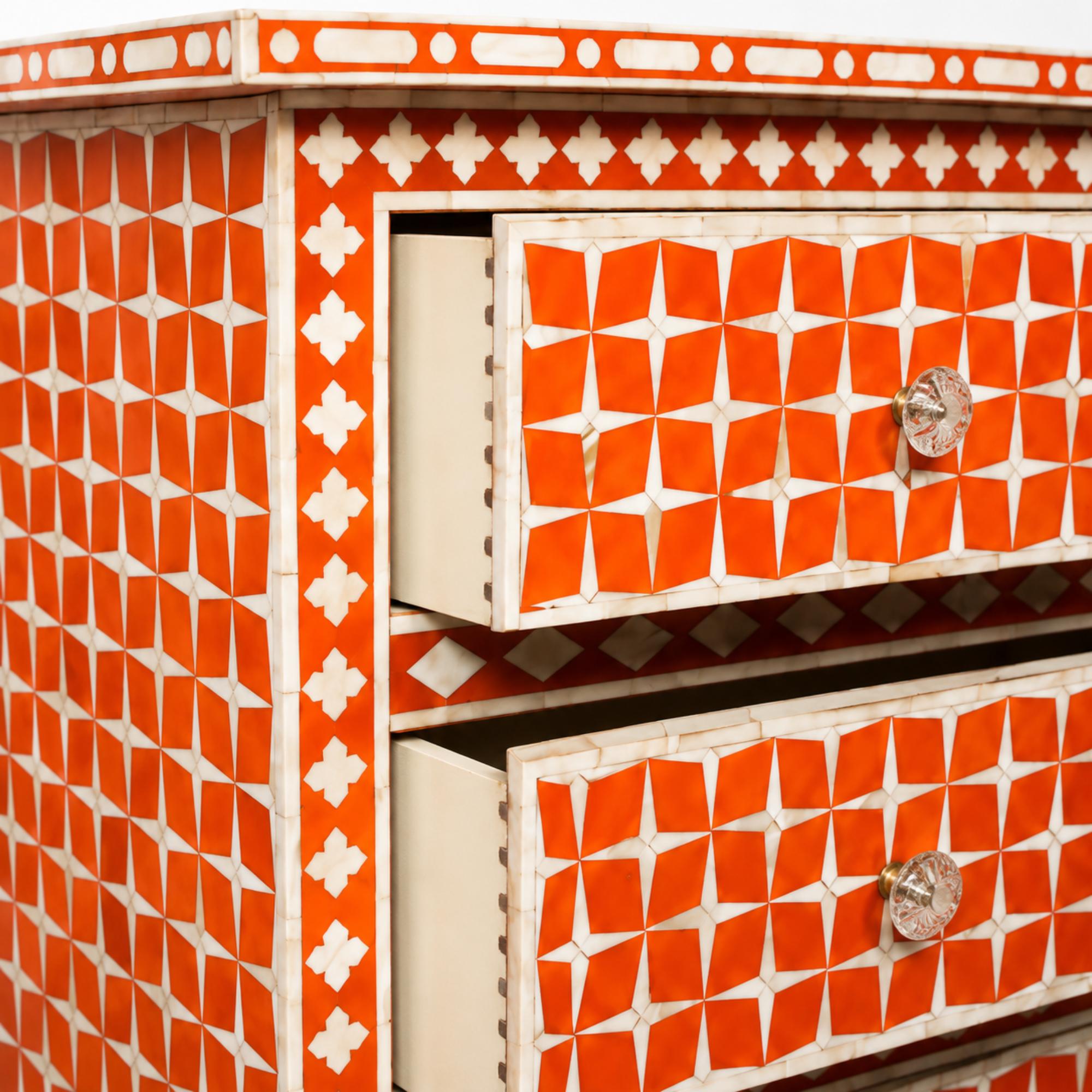Handcrafted Orange Bone Inlay Chest of Drawers