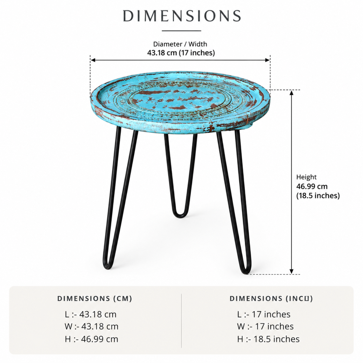 Vintage Distressed Blue Round Side Table with Metal Hairpin Legs