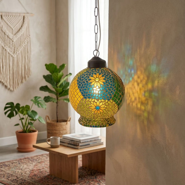 Blue Mosaic Glass Hanging Lantern Lamp