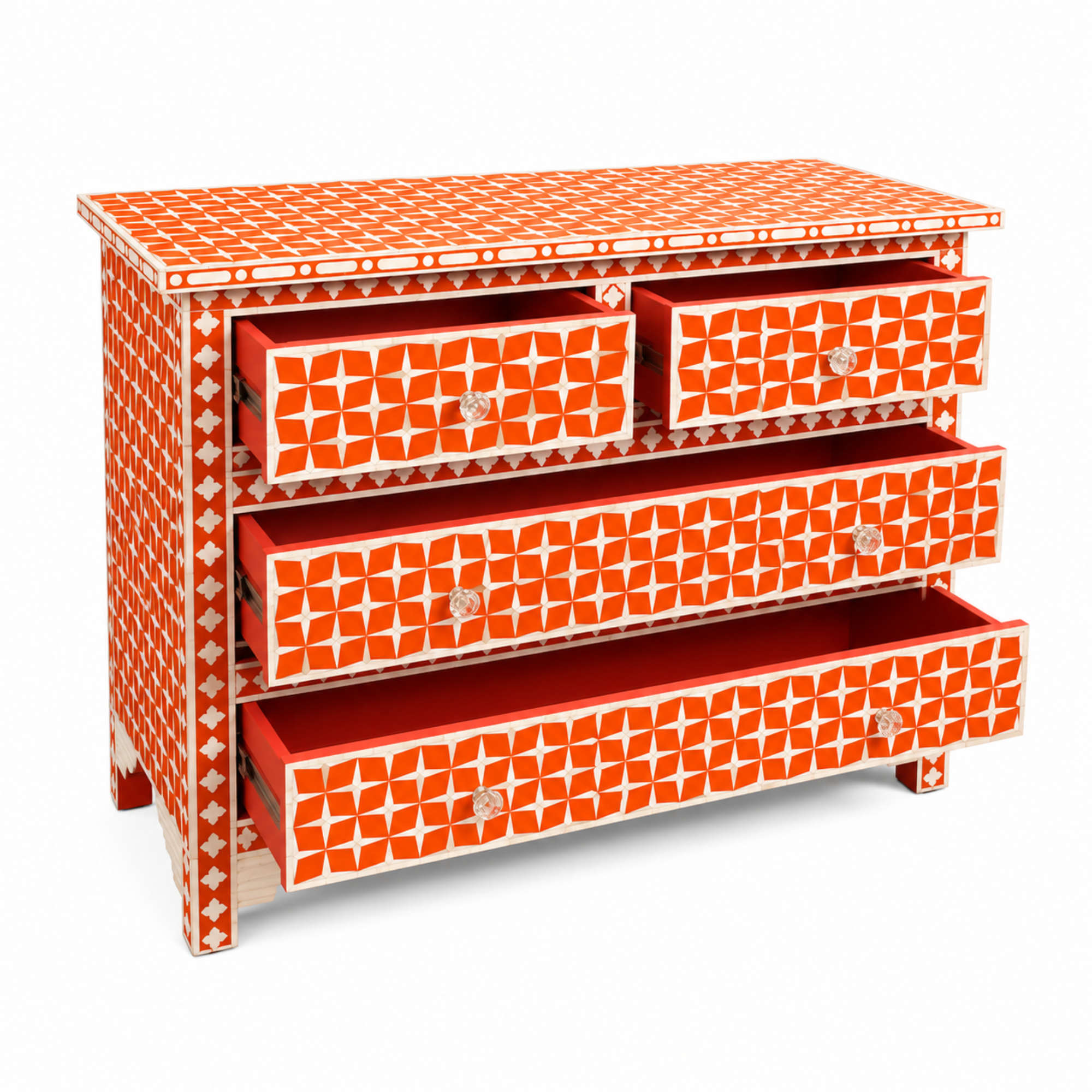 Handcrafted Orange Bone Inlay Chest of Drawers