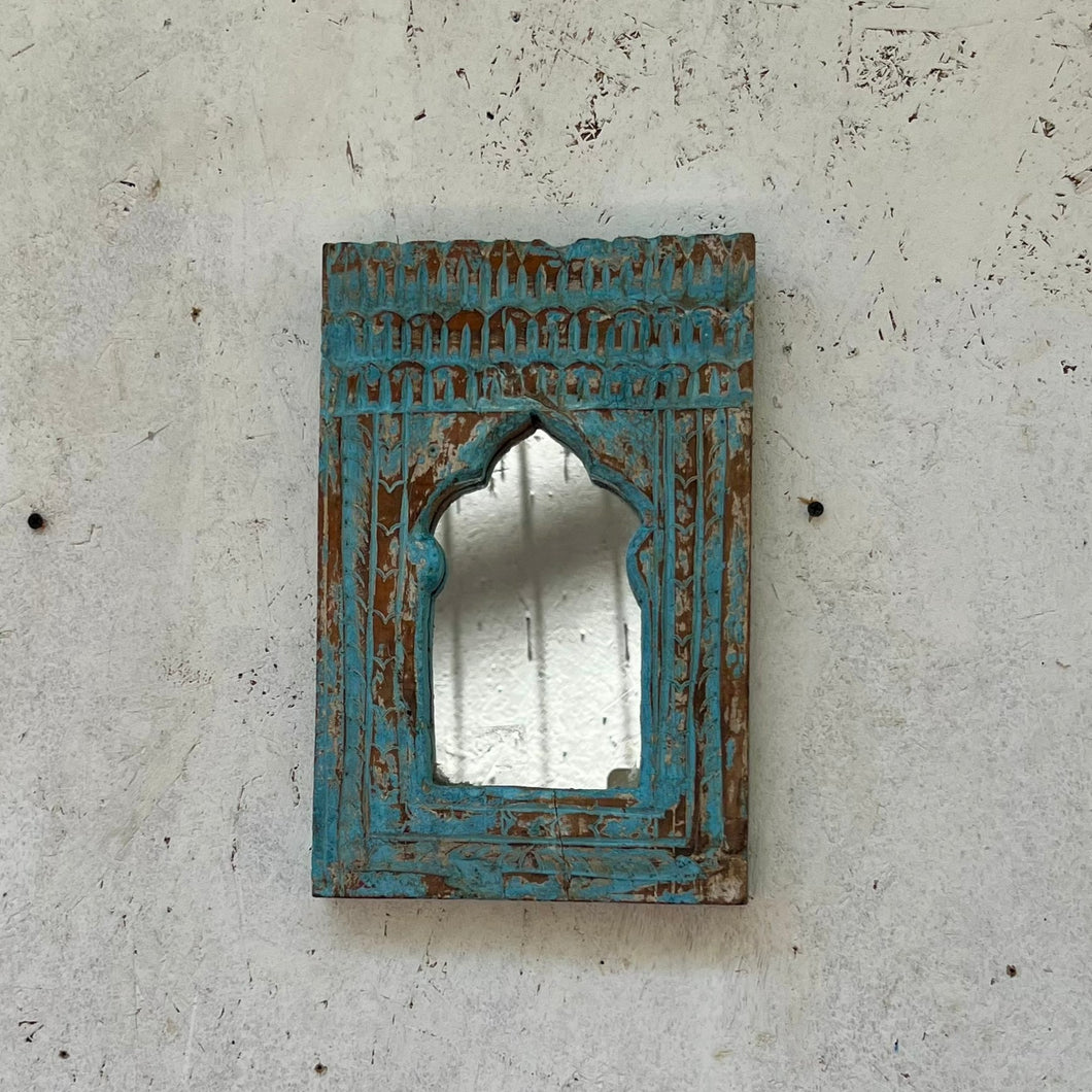 Distressed Blue Jharokha Mirror with carving