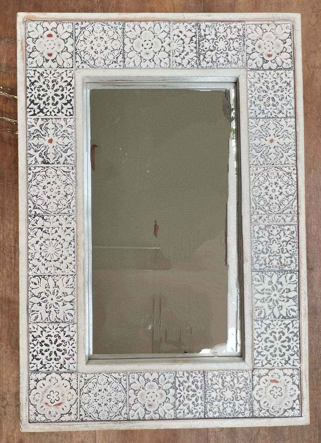 Distressed White Mirror with embossed tile frame