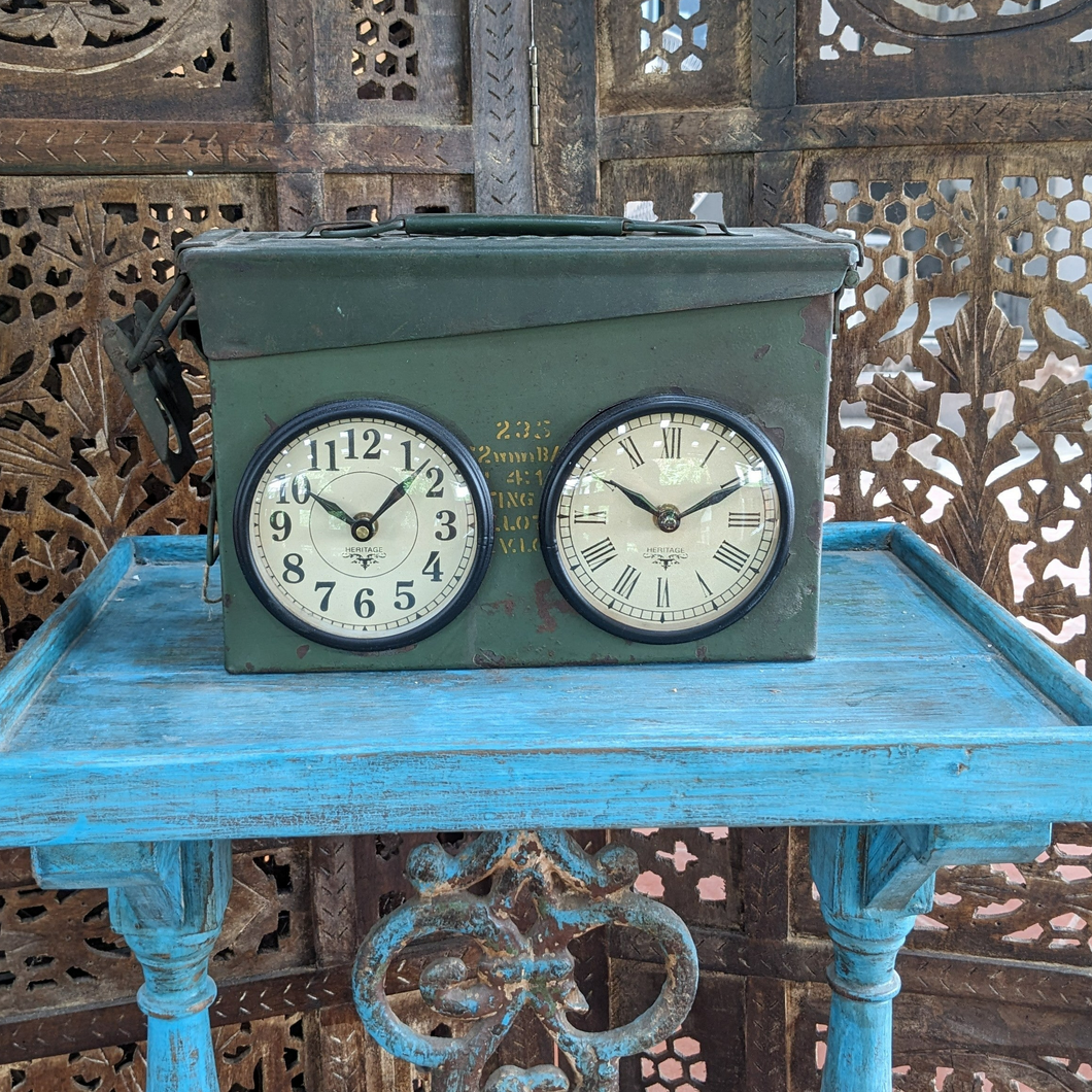 Olive Green Twin Dial Clock