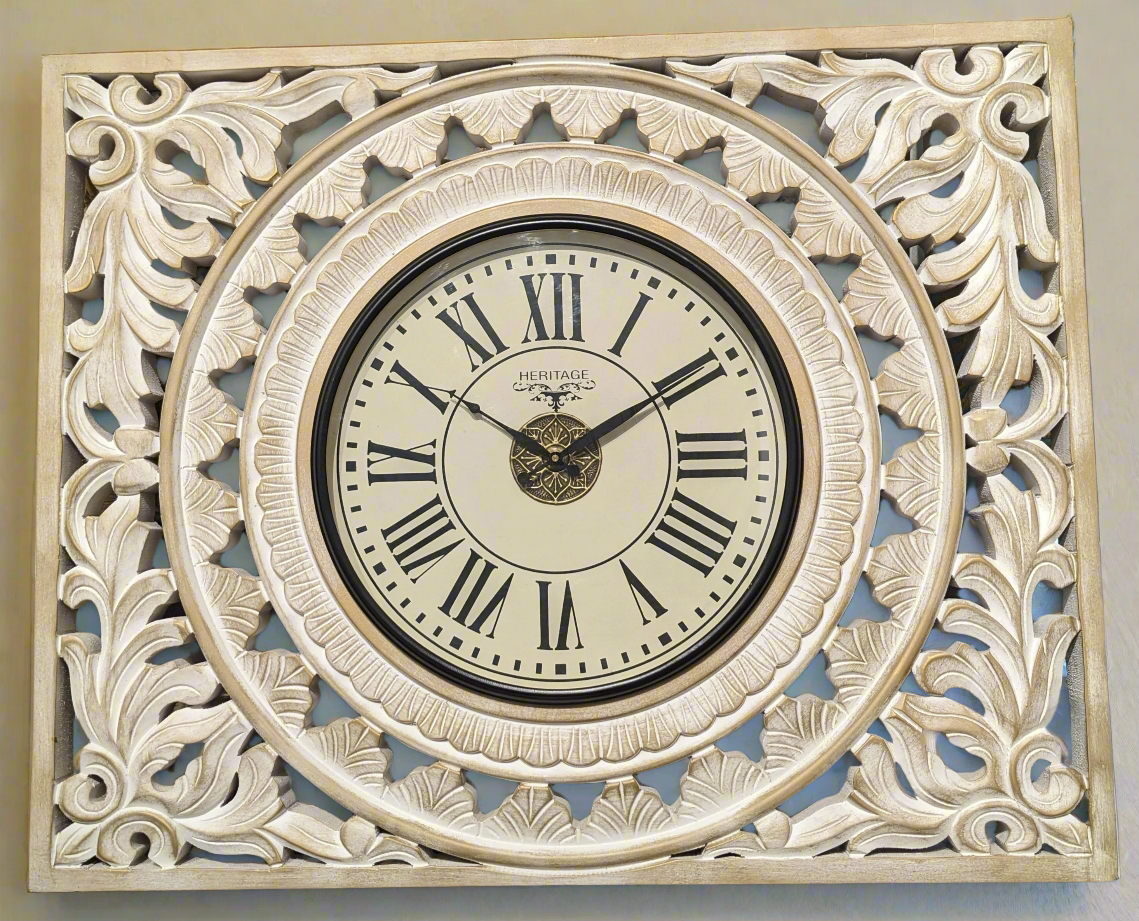 Carved White Wooden Clock with Roman Numerals