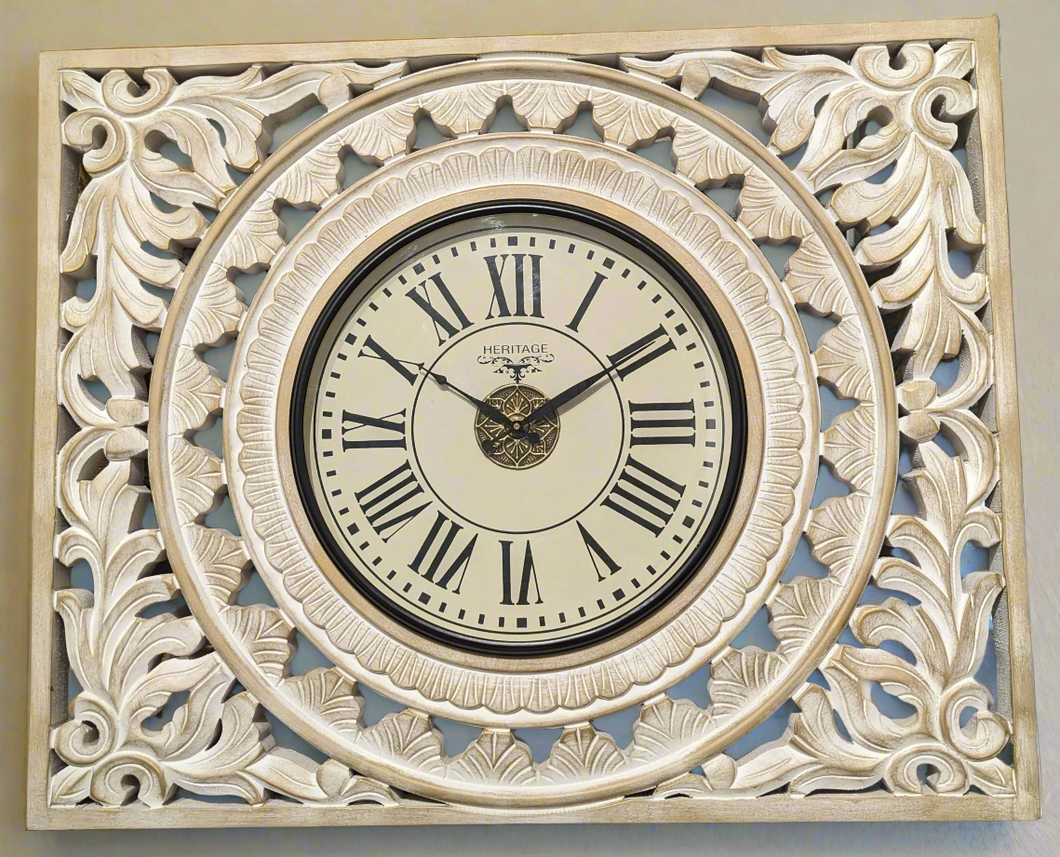 Carved White Wooden Clock with Roman Numerals