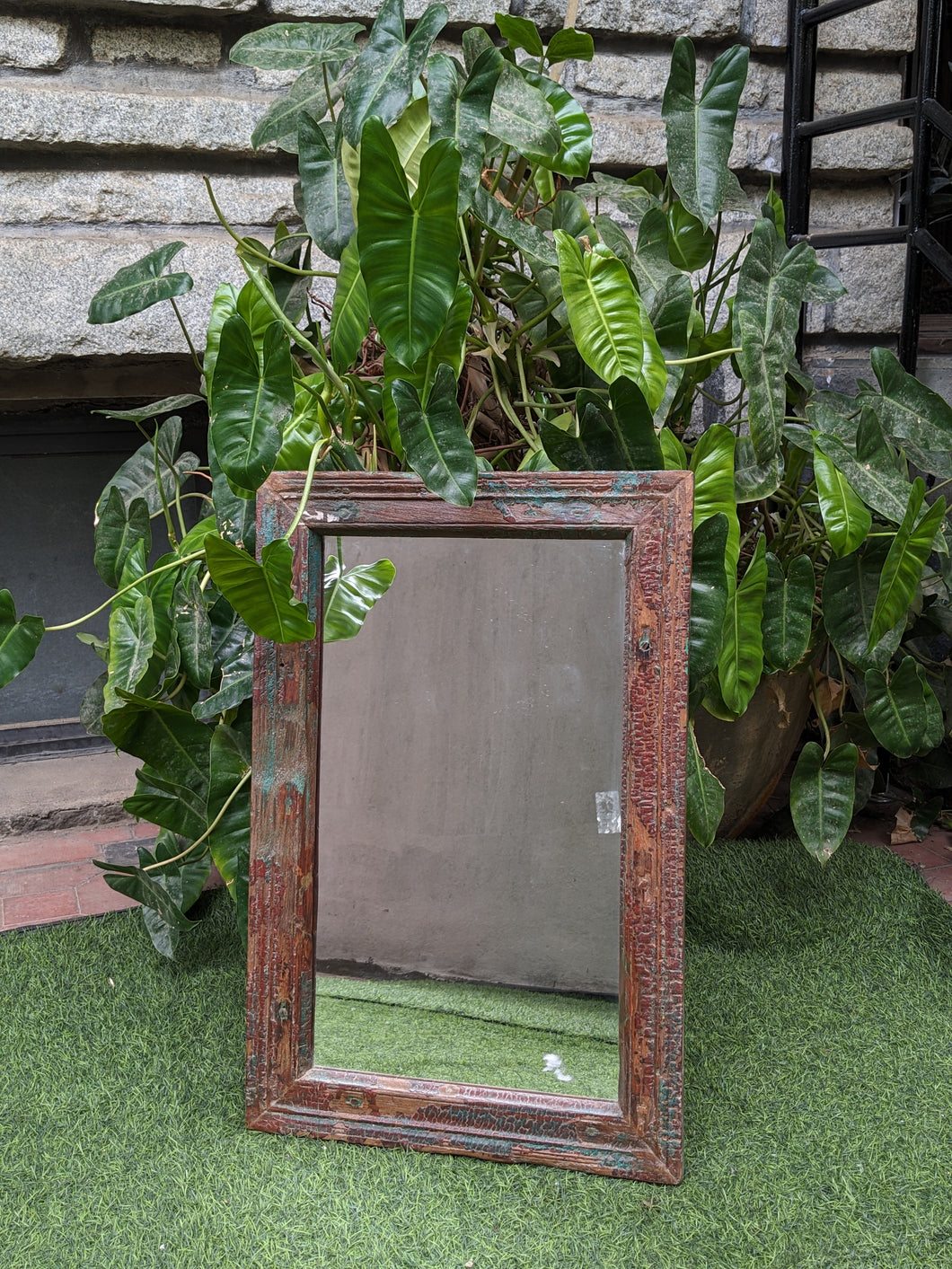 Distressed Dark Brown and Green Wooden Frame with mirror