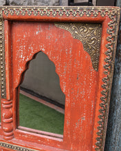 Load image into Gallery viewer, Orange Jharokha Mirror with brass details
