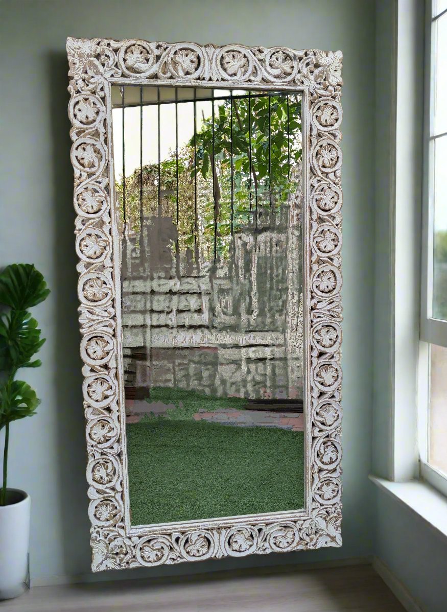 Carved White Distressed Mirror