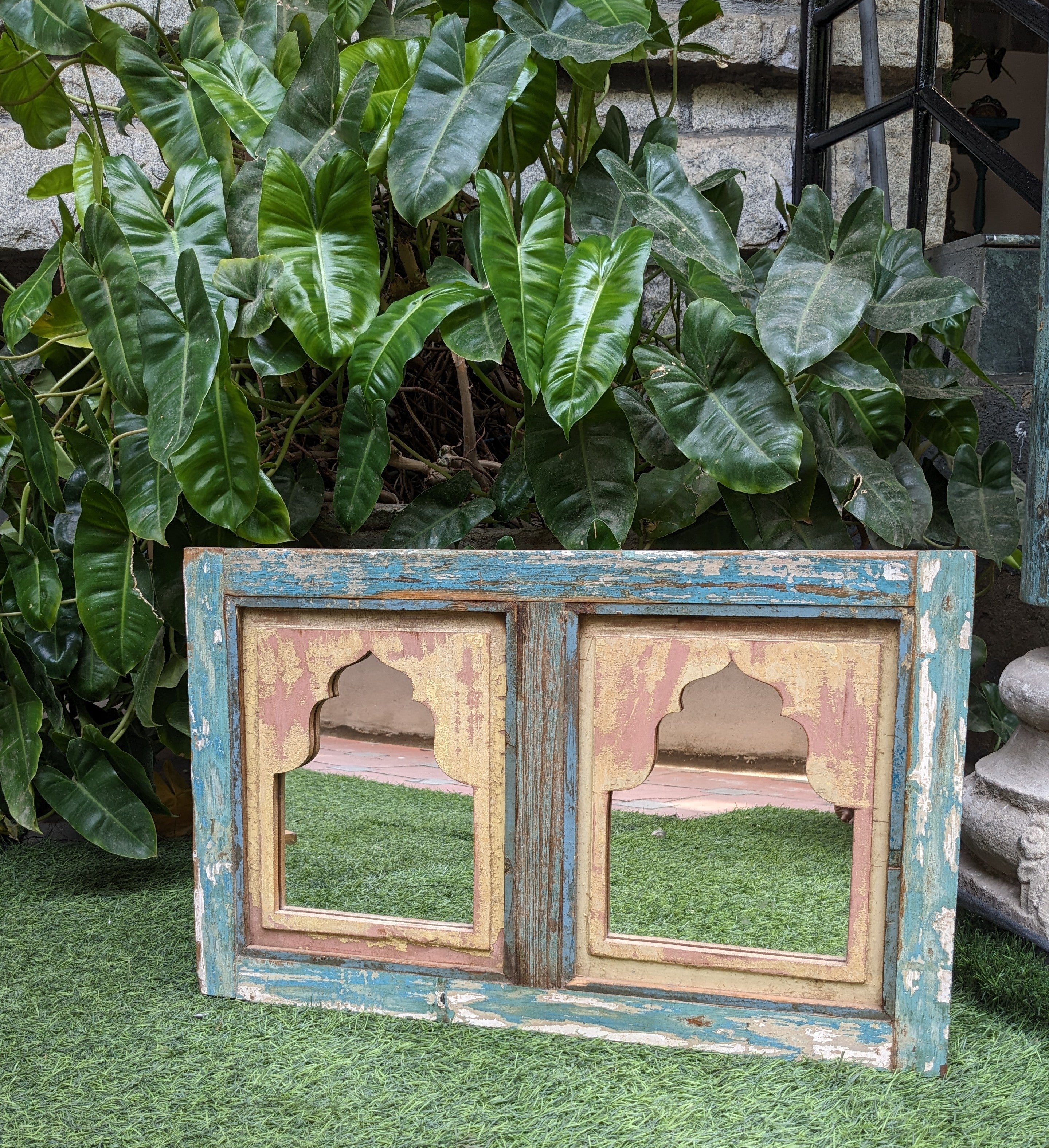 Distressed Beige and Blue Twin Jharokha Mirror